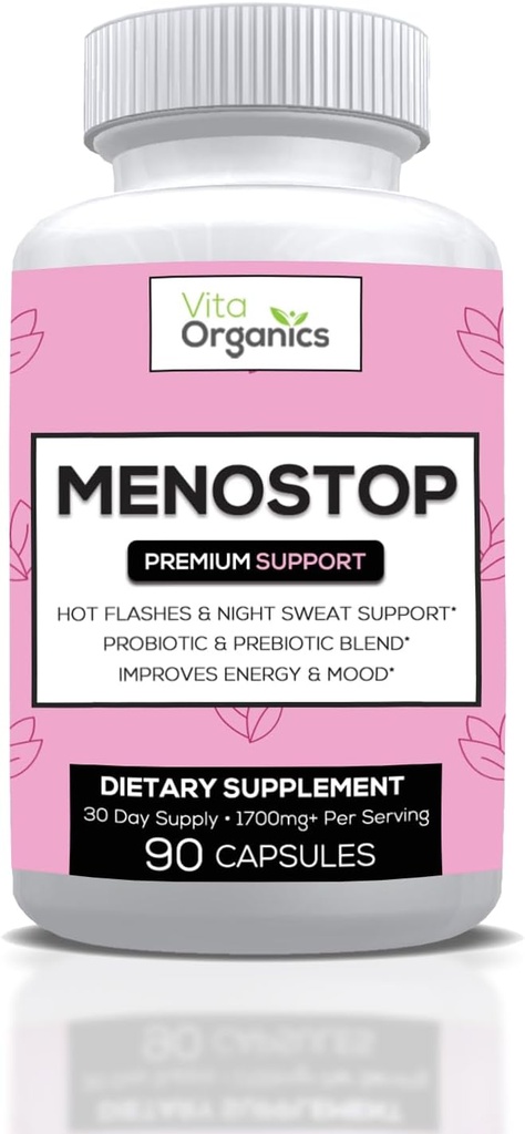 MenoStop - Flashs chauds et soutien à la ménopause - Black Cohosh, Ashwagandha, Dong Quai, Prebiotic and Probiotic Blend - 30 jours d'approvisionnement