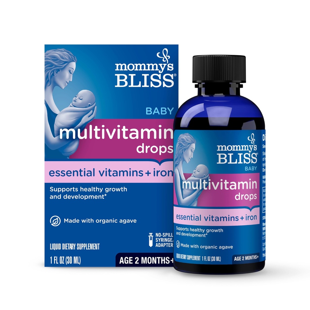Mommy's Bliss Baby Multivitamine + Fer, Vitamines essentielles quotidiennes pour le soutien immunitaire, croissance saine et développement des os*, 2 mois+, 30 ml, liquide