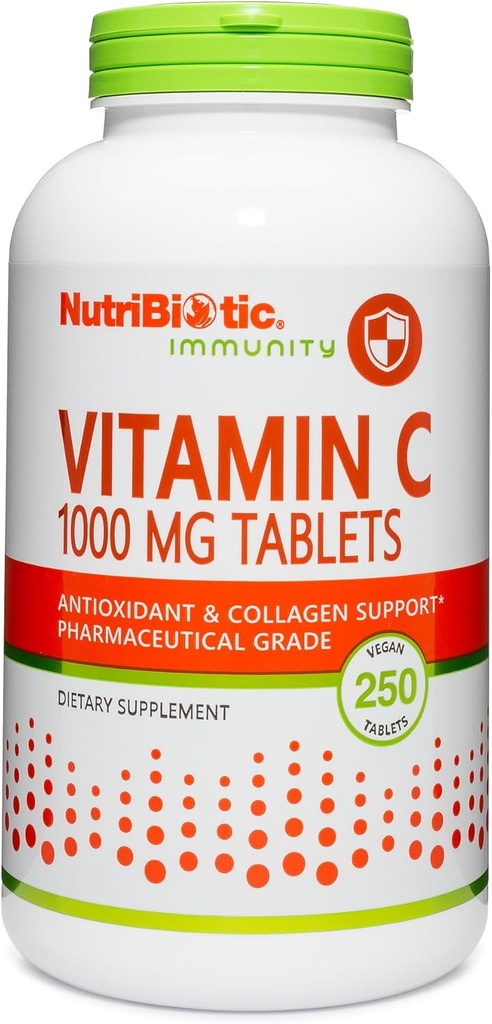 NutriBiotique - Vitamine C 1000 Mg, 250 Comprimés Comprimés d'Immune et de Collagène Antioxydants essentiels Supplément de soutien au collagène