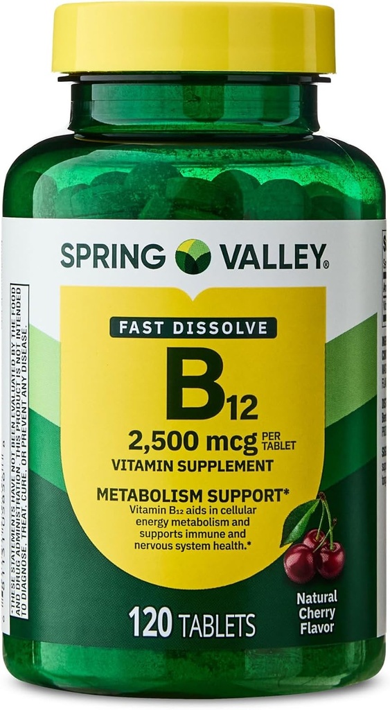 Vitamine B12 Comprimés à distribution rapide Supplément alimentaire, 2 500 Mg, cerise, 120 Compte et récipient à pilule portable (2 articles)