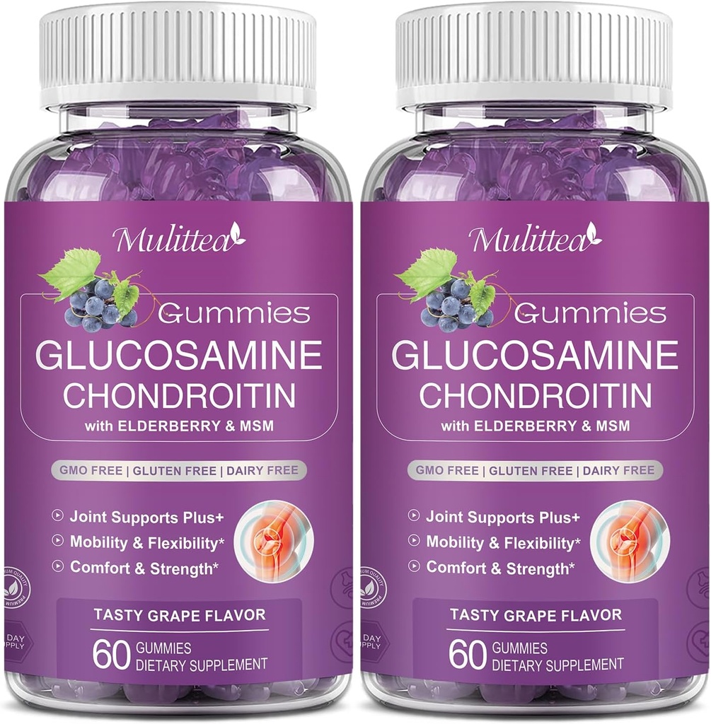 Mulittea Glucosamine Chondroitin Gummies - Supplément de soutien mixte extra-fort avec MSM & Elderberry pour le soutien immunitaire naturel articulaire, antioxydant pour adultes, hommes et femmes-sans sucre (2 pack)