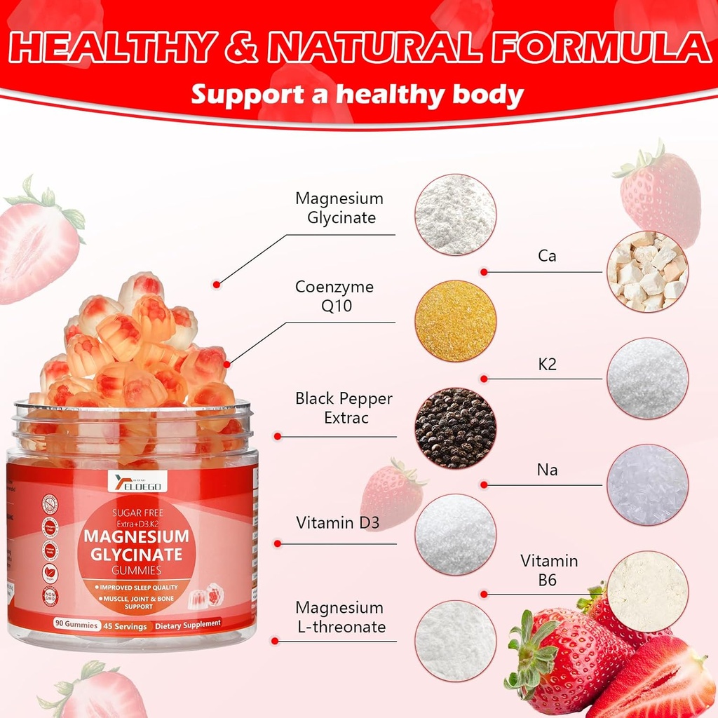 Glycinat de magnésium 600mg pour adulte, supplément de potassium de magnésium sans sucre avec le malate de magnésium, vitamine D3, K2, B6 et CoQ10 pour calme, sommeil, soutien musculaire - Fraise, 90 Compte