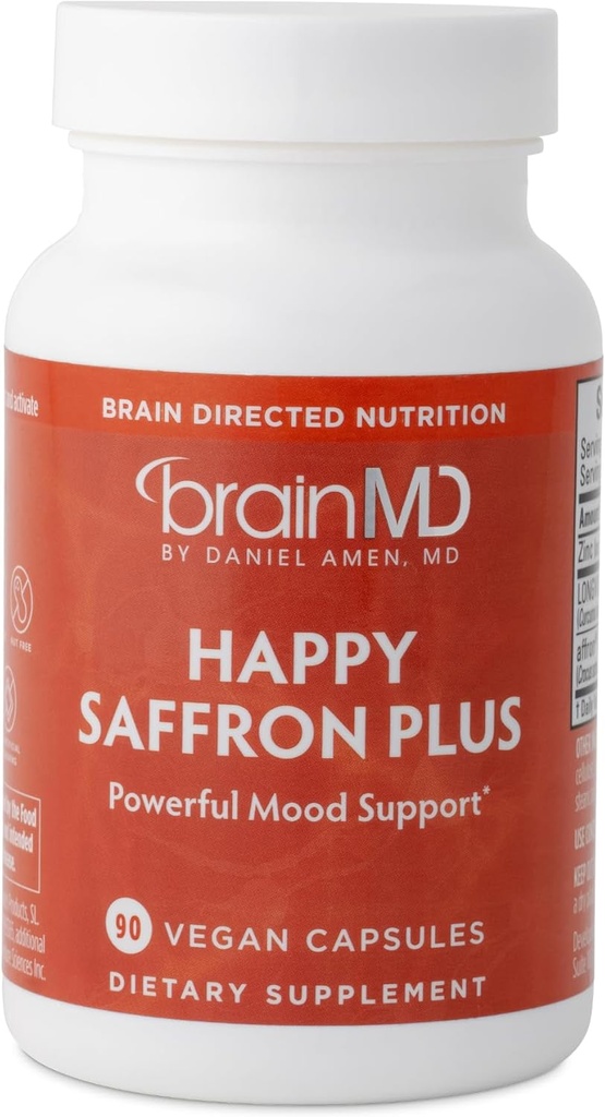 Dr Amen BrainMD Happy Safron Plus - 90 capsules, boîte de 2 - avec extrait de fleur de safran, Curcumine et zinc - végétalien, sans gluten - 60 portions totales