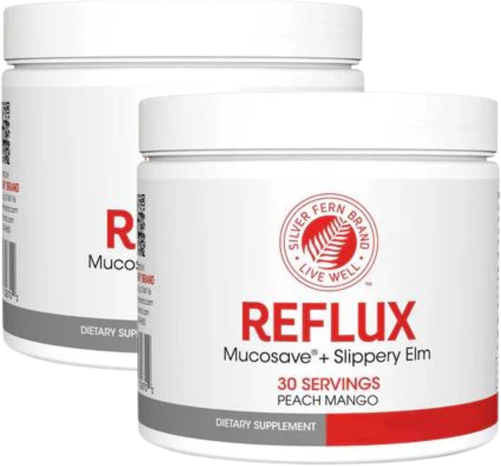 Supplément digestif de reflux - Farine de mangue de pêche - Chaque Tub = 30 Scoops = 30 Serrures - Soutien mucosal pour les problèmes acides - avec Mucosave FG et Slippery Elm Bark (2 Tubs)