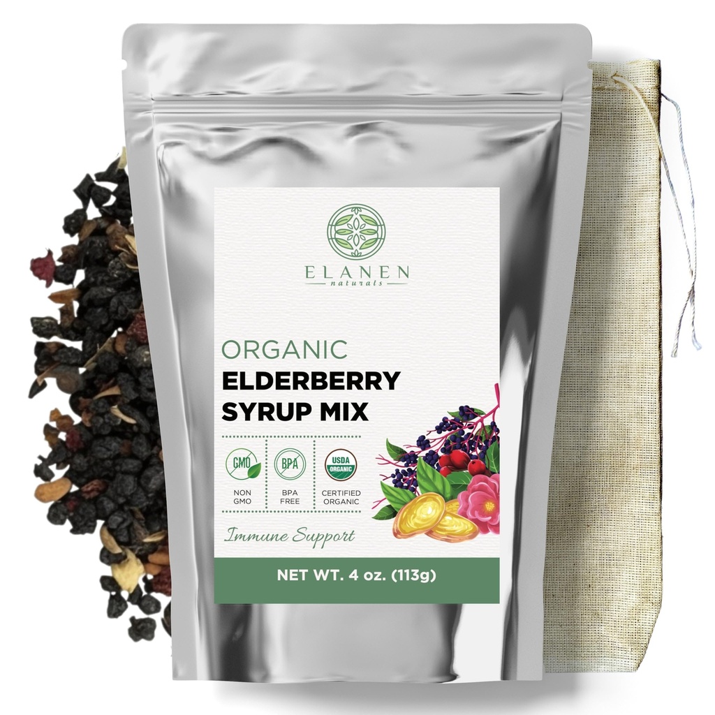 Elanen Naturals Kit de sirop biologique de baies d'eau, fait jusqu'à 24 oz, comprend un sac de brasserie en coton naturel, des mûres séchées biologiques certifiées par l'USDA et des herbes de soutien immunitaire, un kit en vrac, 4 oz. (113g)