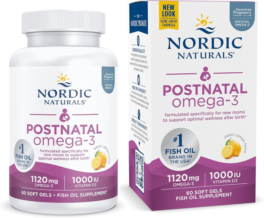 Nordic Naturals Omega-3 postnatal, citron - 60 gels souples - 1120 Omega-3 total + 1000 UI vitamine D3 - formulé pour les nouvelles mamans; soutient le bien-être optimal, l'humeur positive, le métabolisme sain - 30 portions