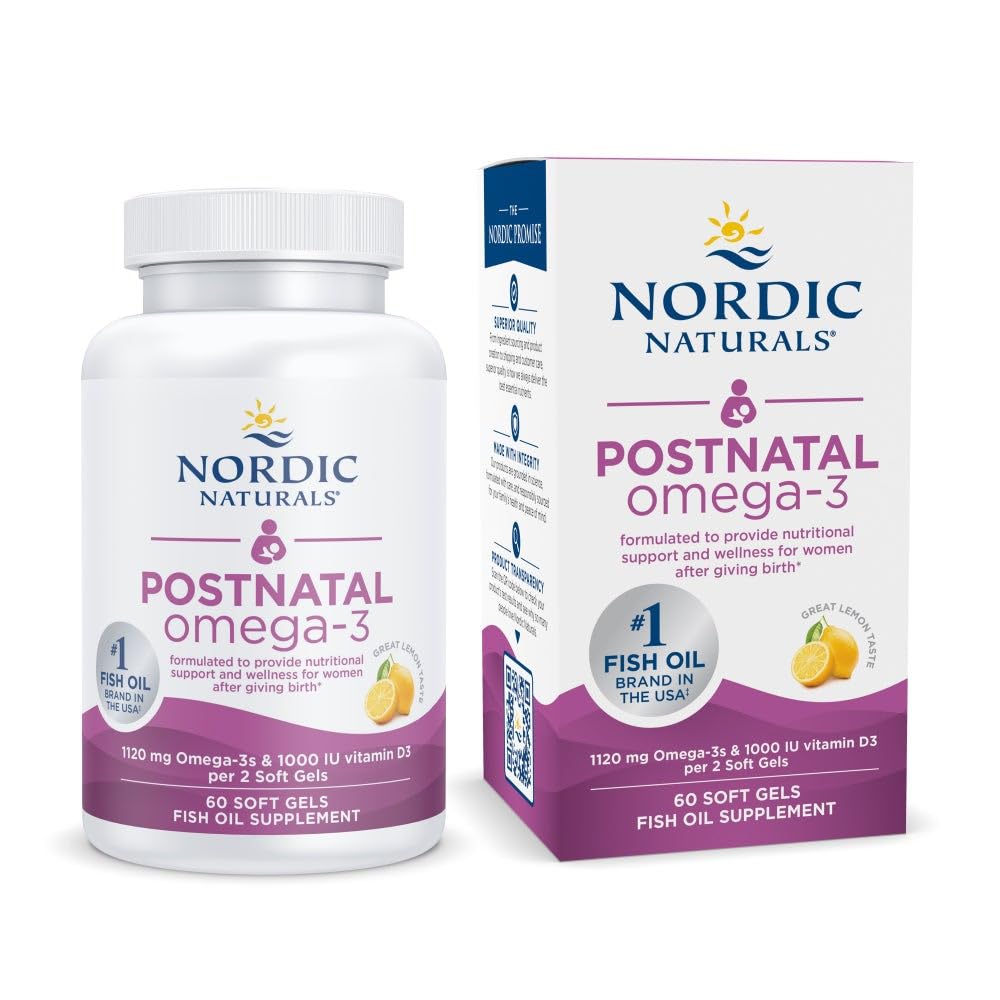 Nordic Naturals Omega-3 postnatal, citron - 60 gels souples - 1120 Omega-3 total + 1000 UI vitamine D3 - formulé pour les nouvelles mamans; soutient le bien-être optimal, l'humeur positive, le métabolisme sain - 30 portions