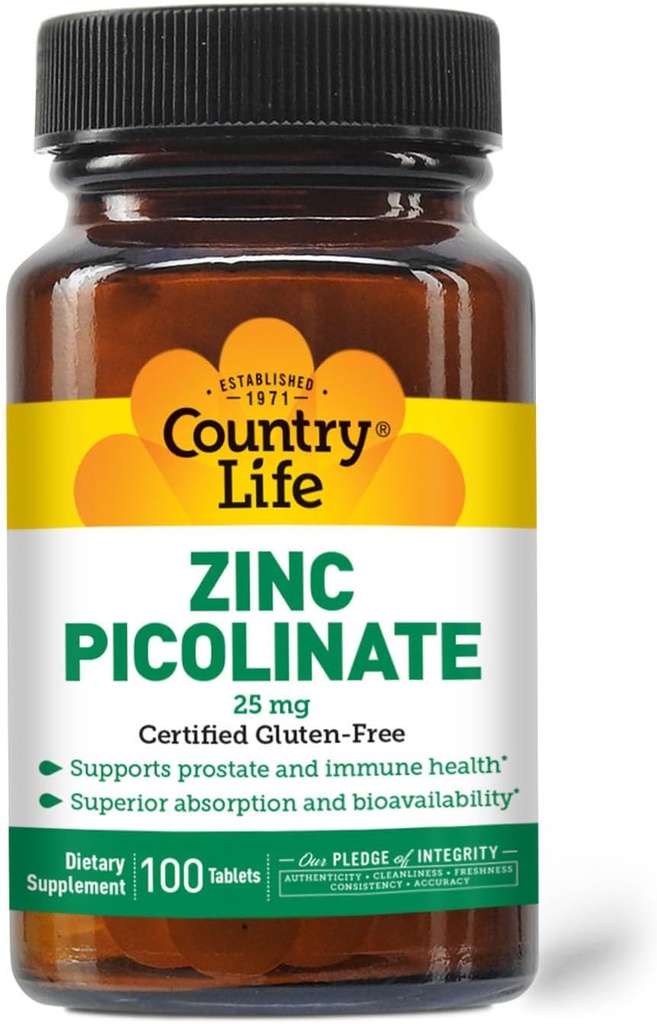 Country Life Picolinate de zinc 25 mg - Supplément supérieur d'absorption de zinc pour le soutien immunitaire, la santé de la prostate et le bien-être cellulaire - certifié sans gluten, végétalien et halal, non-OGM - 100 Comprimés