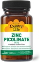Country Life Picolinate de zinc 25 mg - Supplément supérieur d'absorption de zinc pour le soutien immunitaire, la santé de la prostate et le bien-être cellulaire - certifié sans gluten, végétalien et halal, non-OGM - 100 Comprimés