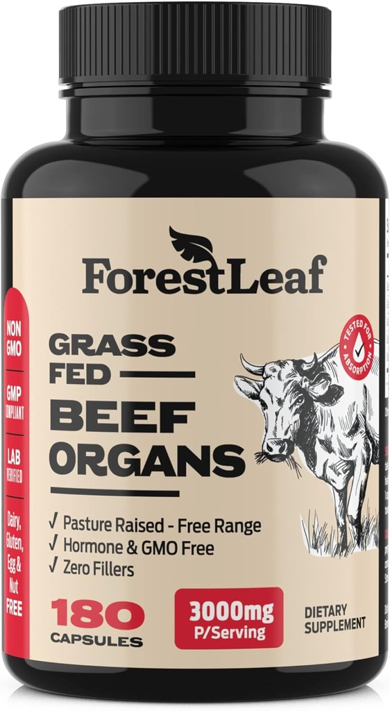 Supplément d'organe de boeuf de ForestLeaf - Foie d'herbe et pâturage élevé - Complexe d'organe avec 3000mg de foie de boeuf déshydraté, coeur, rein, pancréas, rate (180 capsules)