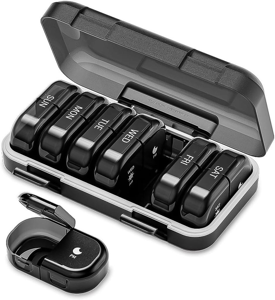 Organisateur de pilules hebdomadaires 2 fois par jour, AM PM Organisateur de pilules 7 jours, cas de pilules portables 14 jours, preuve d'humidité grand distributeur de pilules, grande boîte à pilules de voyage pour suppléments de vitamines (noir)