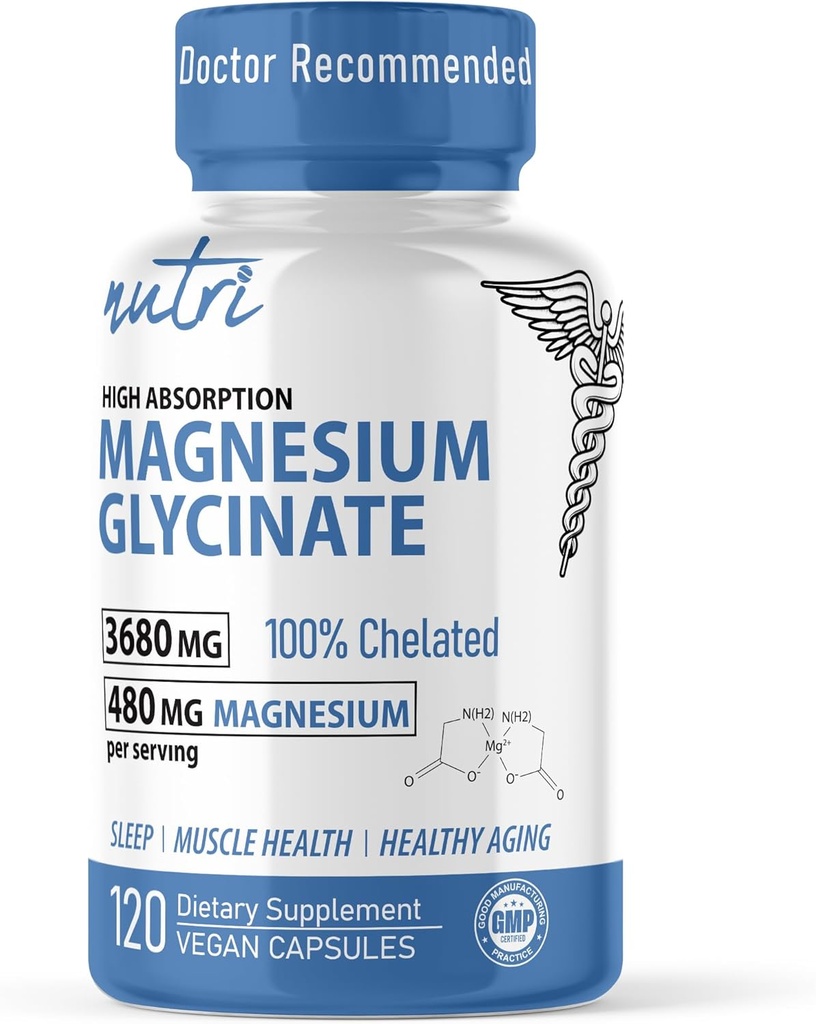 Nature's Fusions Nutri Pure Magnésium Glycinate 3680mg - (Fournit 480mg Magnésium élémentaire), Chélaté pour Haute Absorption, Non-Buffered pour la puissance maximale, 120 Capsules