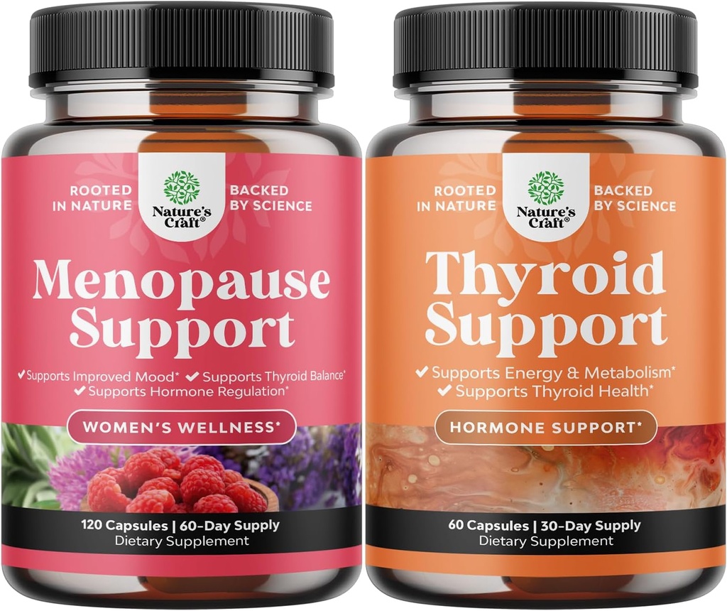 Ensemble complet de supplément à la ménopause à base de plantes pour les femmes pour les sueurs nocturnes Mood 120ct et le complexe de soutien à la thyroïde à base de plantes - Mood Enhancer supplément à l'énergie pour la santé thyroïde