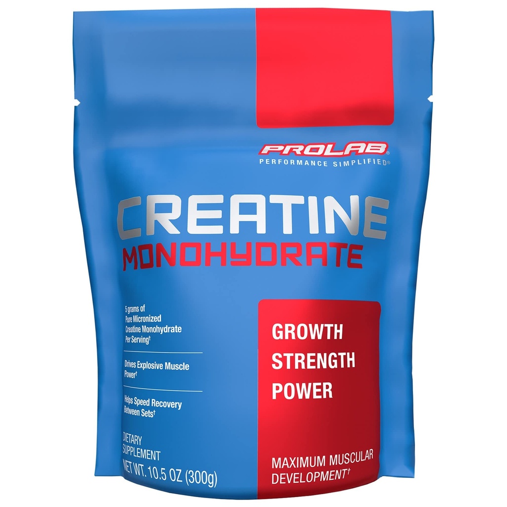 ProLab Nutrition Poudre micronisée monohydratée de créatine, 5G de créatine pure pour la force musculaire, la puissance et l'endurance, l'absorption rapide, sans aromatisation, (300g) (60 portions)