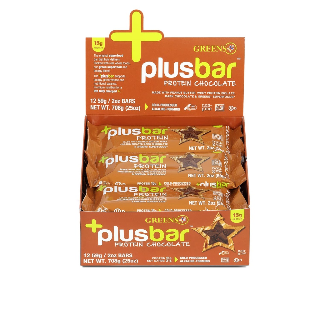 Greens+ Plusbar Protein, Chocolat foncé, 15g d'isolat de protéines de lactosérum, Snack sans gluten avec Super Greens et Superfoods biologiques, Vegan, Sans lait, Non-OGM, Remplacement des repas, 12 Pack