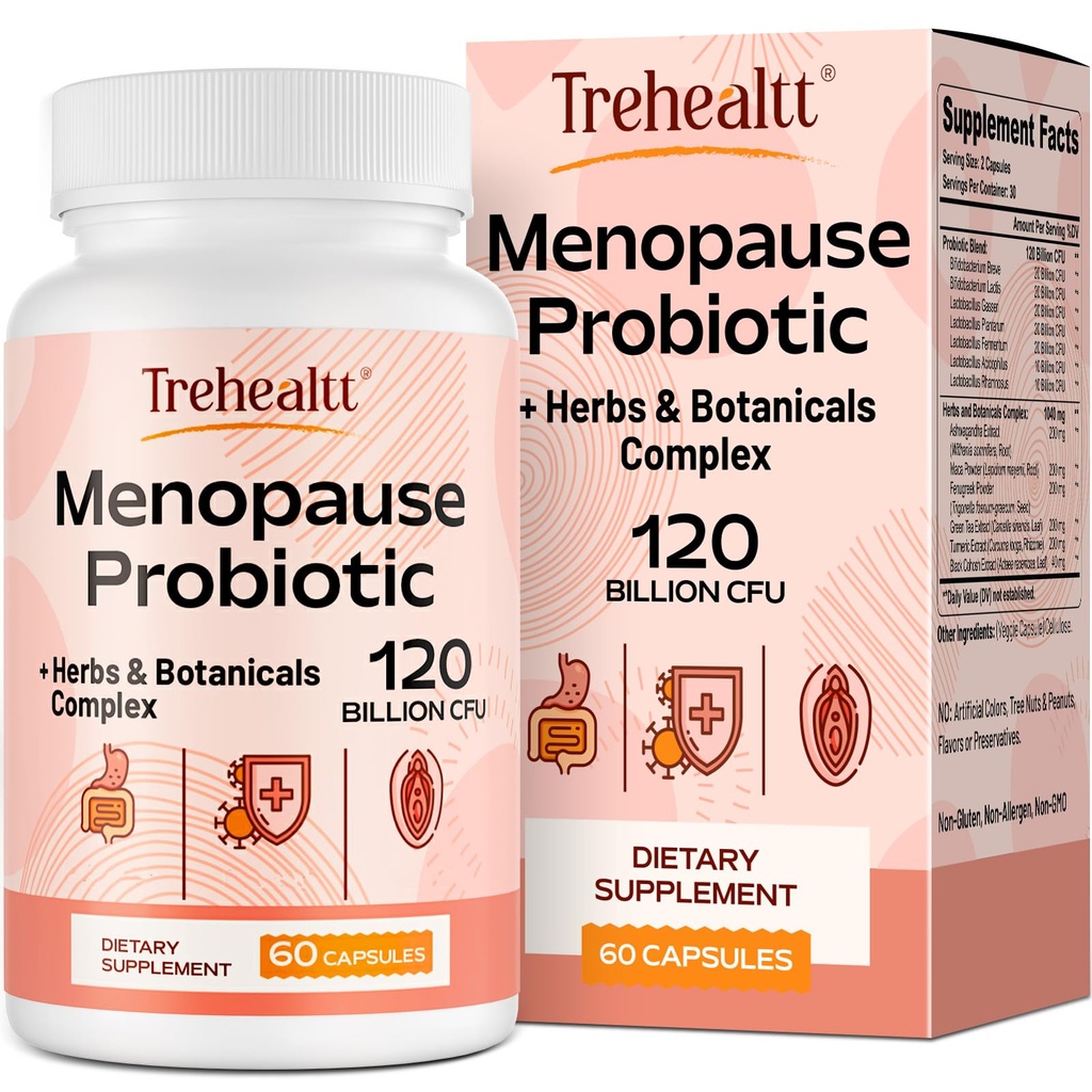 Suppléments de ménopause pour femmes, 120 milliards CFU Probiotic, 13-en-1 Herbs & Botanicals Complex, pour Hormone Ménopause, Flashs chauds, Sueurs nocturnes, Swings d'humeur, Perturbations du sommeil, Vegan, 60 Capsules