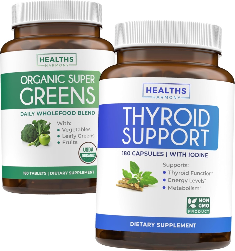 Super Greens & Thyroid Support (3-Month Supply) Thyroid Vitality Bundle of Organic Super Greens Powder - Complete Superfood (180 Capsules) & Thyroid Support for Men and Women (Non-GMO)(180 Capsules)