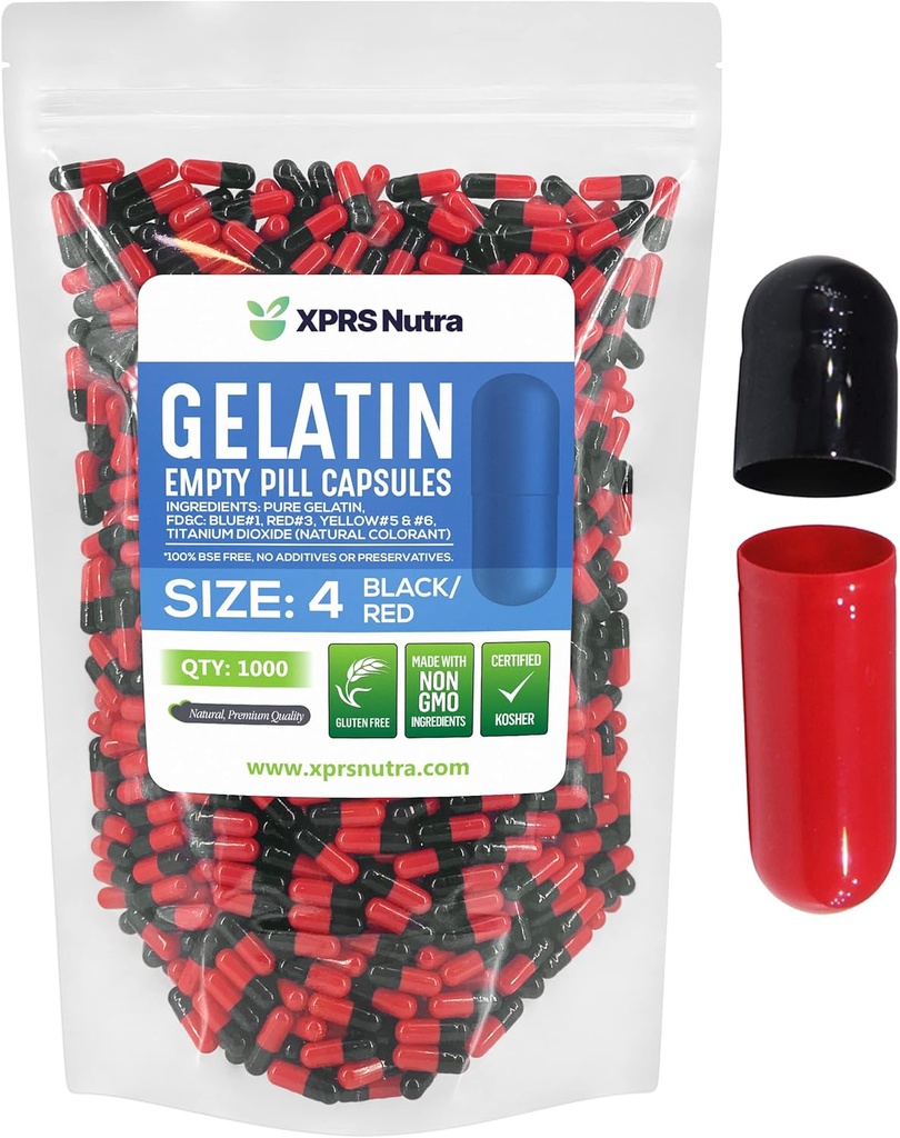 XPRS Nutra Taille 4 Capsules vides - 1000 Compter les petites capsules de gélatine vides - Pills Bricolage Capsule Remplissage - Remplir pur bouchons de gel de pilules pour Do-It-Youlf Suppléments (Noir/Rouge)
