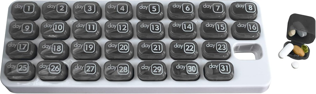 Organisateur mensuel Med avec 31 capsules quotidiennes amovibles pour la maison, le travail, les voyages, les boîtes à pilules numérotées pour les suppléments et les vitamines (Grey)