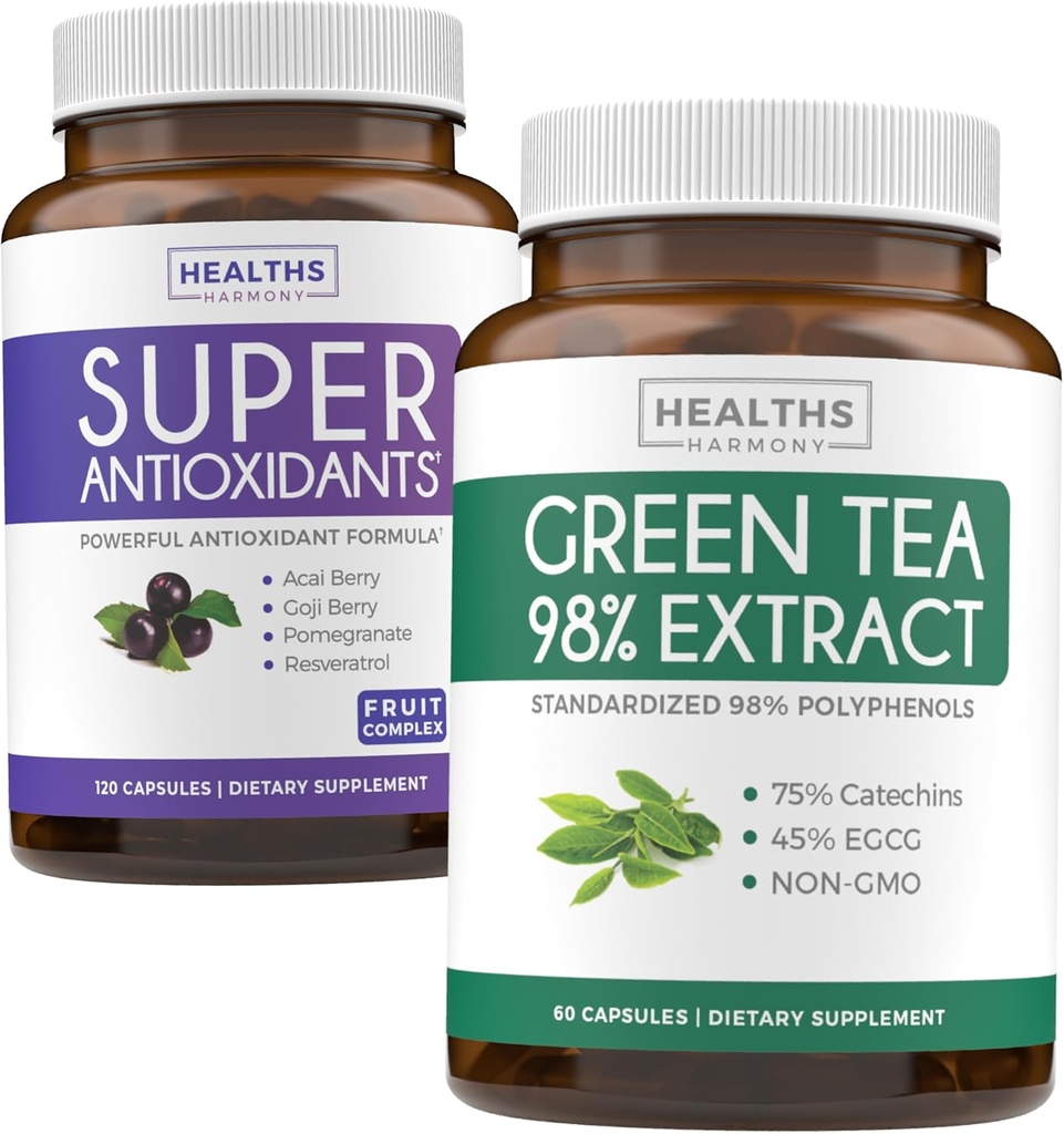 Antioxidants & Green Tea Extract (1-Month Supply) Antioxidant Green Fusion - Super Antioxidants - Powerful Super Food Daily Blend (120 Caps) & Green Tea Extract with EGCG Polyphenol Catechins(60 Caps)