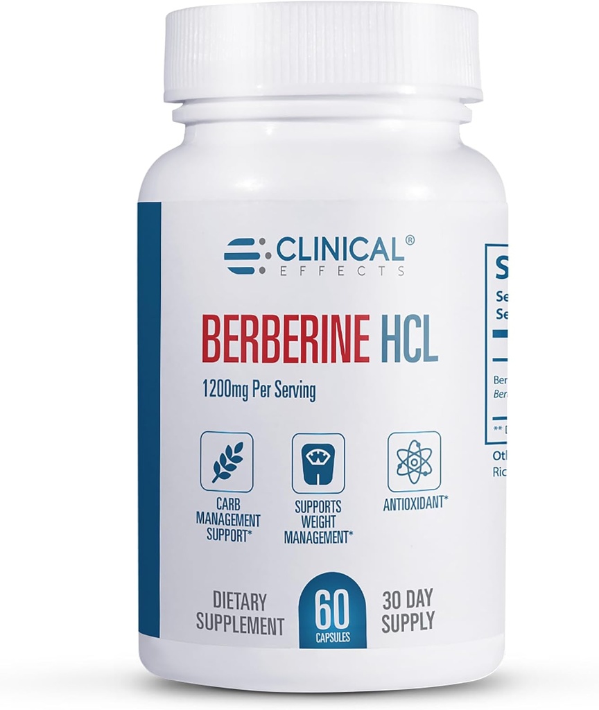Effets cliniques Berberine HCL - Pure Berberine 1200mg - Support hépatique - Supplément végétalien - 60 Capsules de Veggie - Fabriqué aux États-Unis
