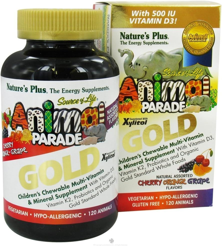 NaturesPlus Parade animale Or Multivitamine pour enfants - Cerise, orange et arômes de raisin assortis - 120 comprimés à croquer en forme d'animal, lot de 2 - Vegan, sans gluten - 120 portions totales