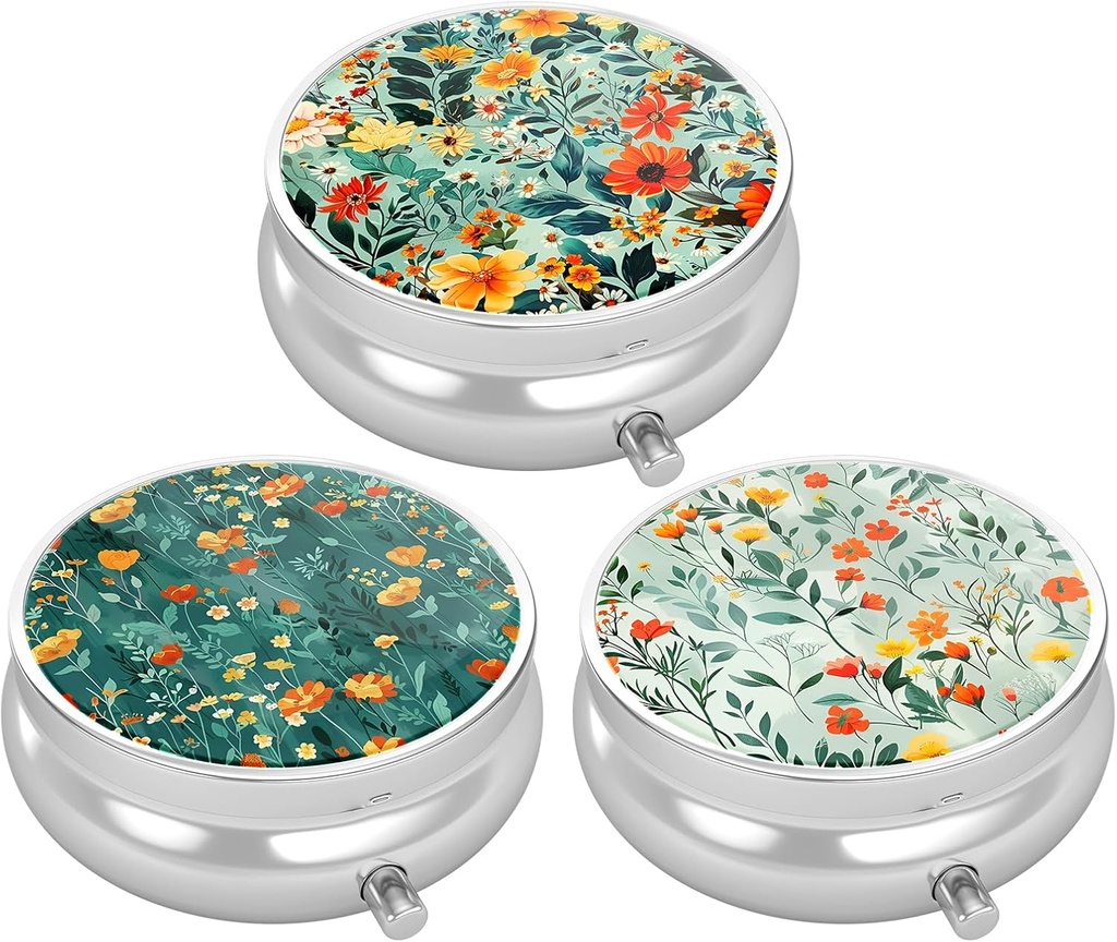 Boîte à pilules 3 packs, petit étui à pilules pour la Purse & Pocket, organisateur mignon de médecine de voyage, porte-conteneur de médicaments portables pour tenir les vitamines, médicaments, huile de poisson et supplément, jolies fleurs