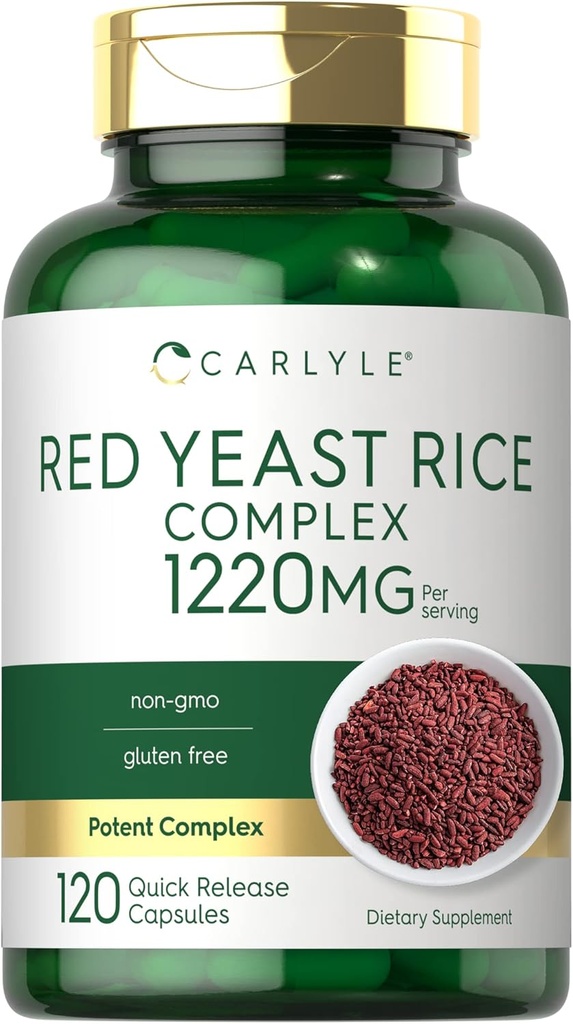 Carlyle Red Yeast Rice Complex , 1220mg , 120 Capsules , avec Policosanol , Supplément sans OGM et sans gluten