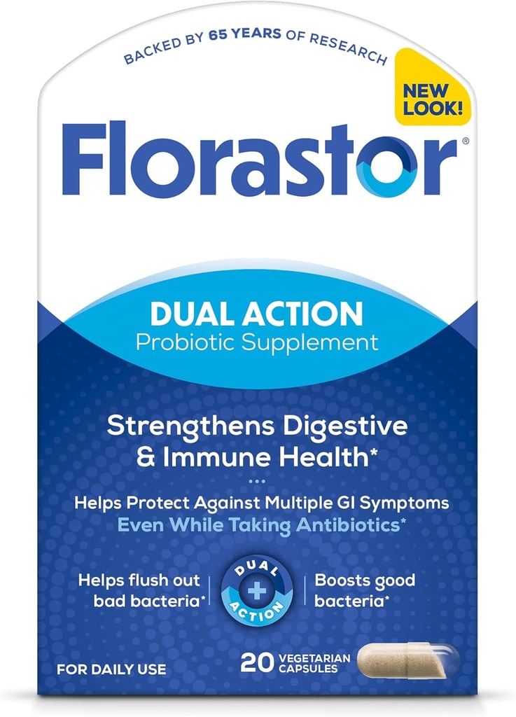 Probiotiques Florastor pour la santé digestive et immunitaire, 20 Capsules, Probiotiques pour les femmes et les hommes, 1 Probiotique dans le monde entier, Flush Out Bad Bactéria & Boost The Good avec notre souche Saccharomyces boulardii