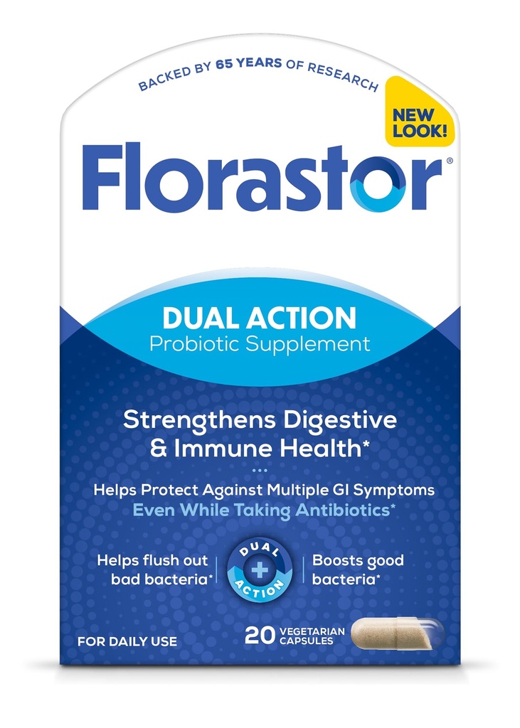 Probiotiques Florastor pour la santé digestive et immunitaire, 20 Capsules, Probiotiques pour les femmes et les hommes, 1 Probiotique dans le monde entier, Flush Out Bad Bactéria & Boost The Good avec notre souche Saccharomyces boulardii