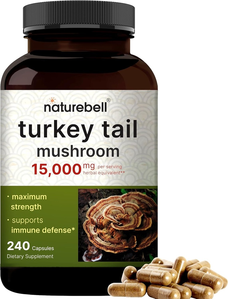 NatureBell Turkey Tail Mushroom Capsules 15 000mg par portion, 240 comtes 25:1 Extrait de corps fruitier et de mycélium – Supplément de champignons pour la santé immunitaire et cérébrale