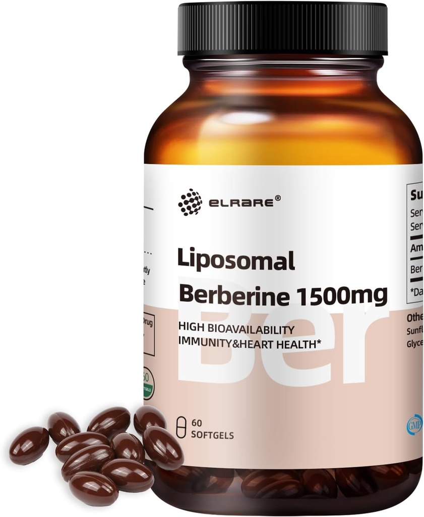 Supplément berbère liposomique 1500mg,Lipsomal Berberine HCL,Haute biodisponibilité,Support foie et santé cardiaque,AMPK Activateur pour les hommes et les femmes,Non-OGM,Sans gluten,60 Softgels