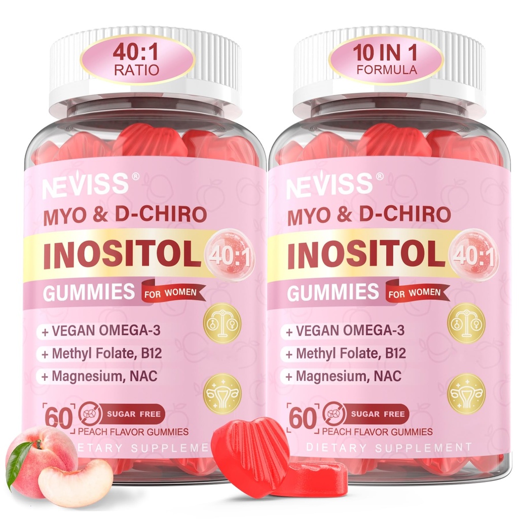 Myo-Inositol & D-Chiro Inositol Gommies pour femmes 2000mg + 50mg, 40:1 Rapport Inositol avec Oméga-3 végétal + D3, Magnésium Glycinate, Méthyl Folate + B12 pour la santé et le bien-être des femmes, sans sucre, 120 Cts