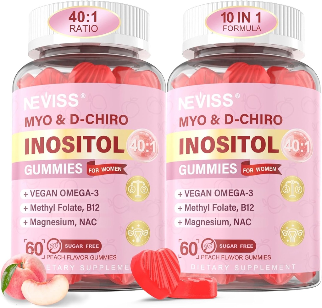 Myo-Inositol & D-Chiro Inositol Gommies pour femmes 2000mg + 50mg, 40:1 Rapport Inositol avec Oméga-3 végétal + D3, Magnésium Glycinate, Méthyl Folate + B12 pour la santé et le bien-être des femmes, sans sucre, 120 Cts