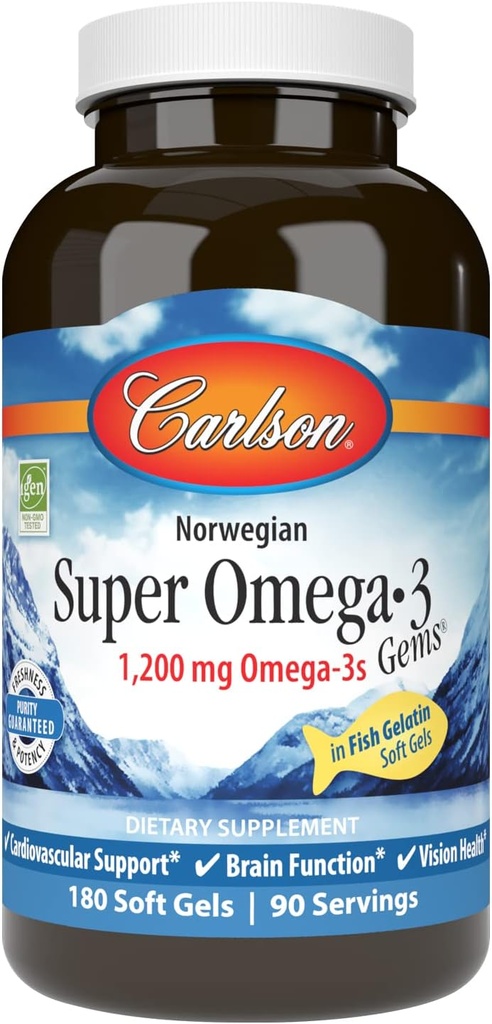 Carlson - Super Omega-3 Gems, 1200 mg Omega-3s, support cardiovasculaire, fonction cérébrale et santé de la vision, norvégien, 180 gels mous
