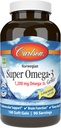 Carlson - Super Omega-3 Gems, 1200 mg Omega-3s, support cardiovasculaire, fonction cérébrale et santé de la vision, norvégien, 180 gels mous