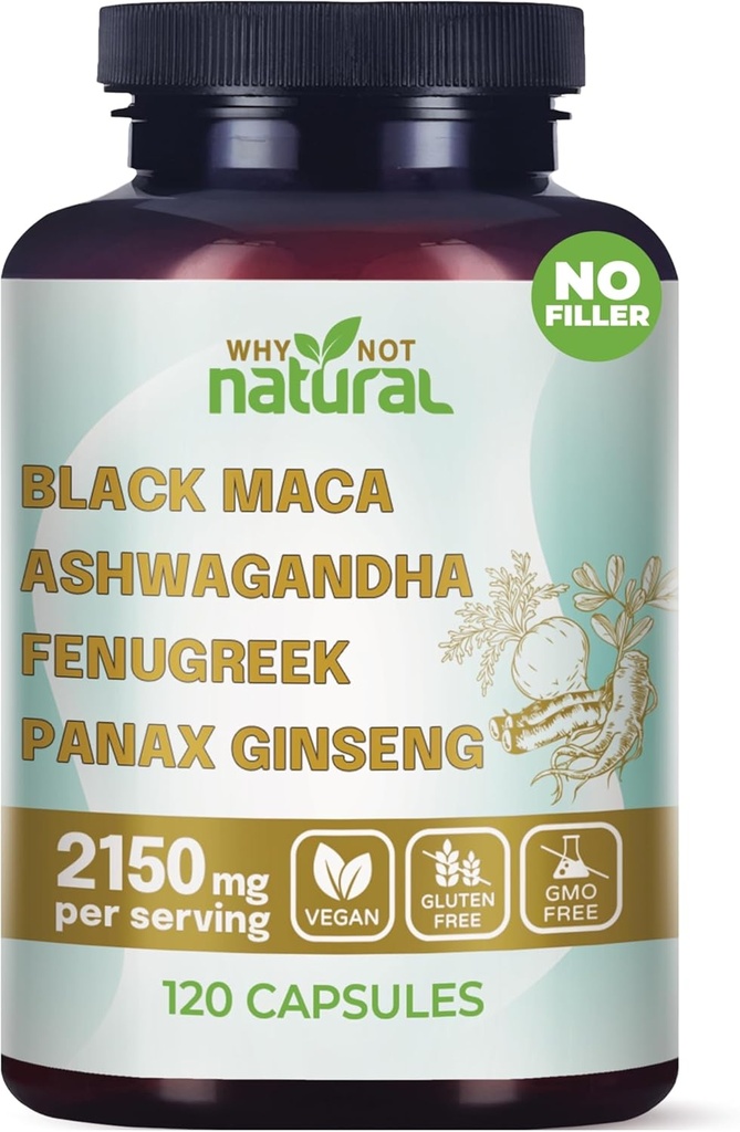 Pourquoi pas naturel 4-en-1 racine de maca noire biologique, Ashwagandha, Fenugreek, Panax Ginseng Capsules, Supplément pour les hommes et les femmes