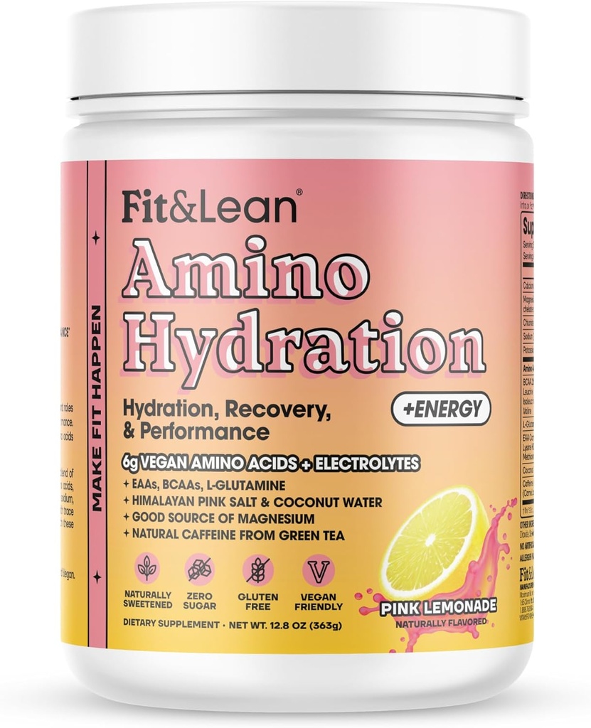Fit & Lean Amino Hydratation Plus Énergie, Poudre de pré-entraînement, 6g Vegan Essemtial Amino Acides, EAA, BCAA, Glutamine, Electrolytes & Caféine Naturelle, Cimonade Rose, 30 Servir
