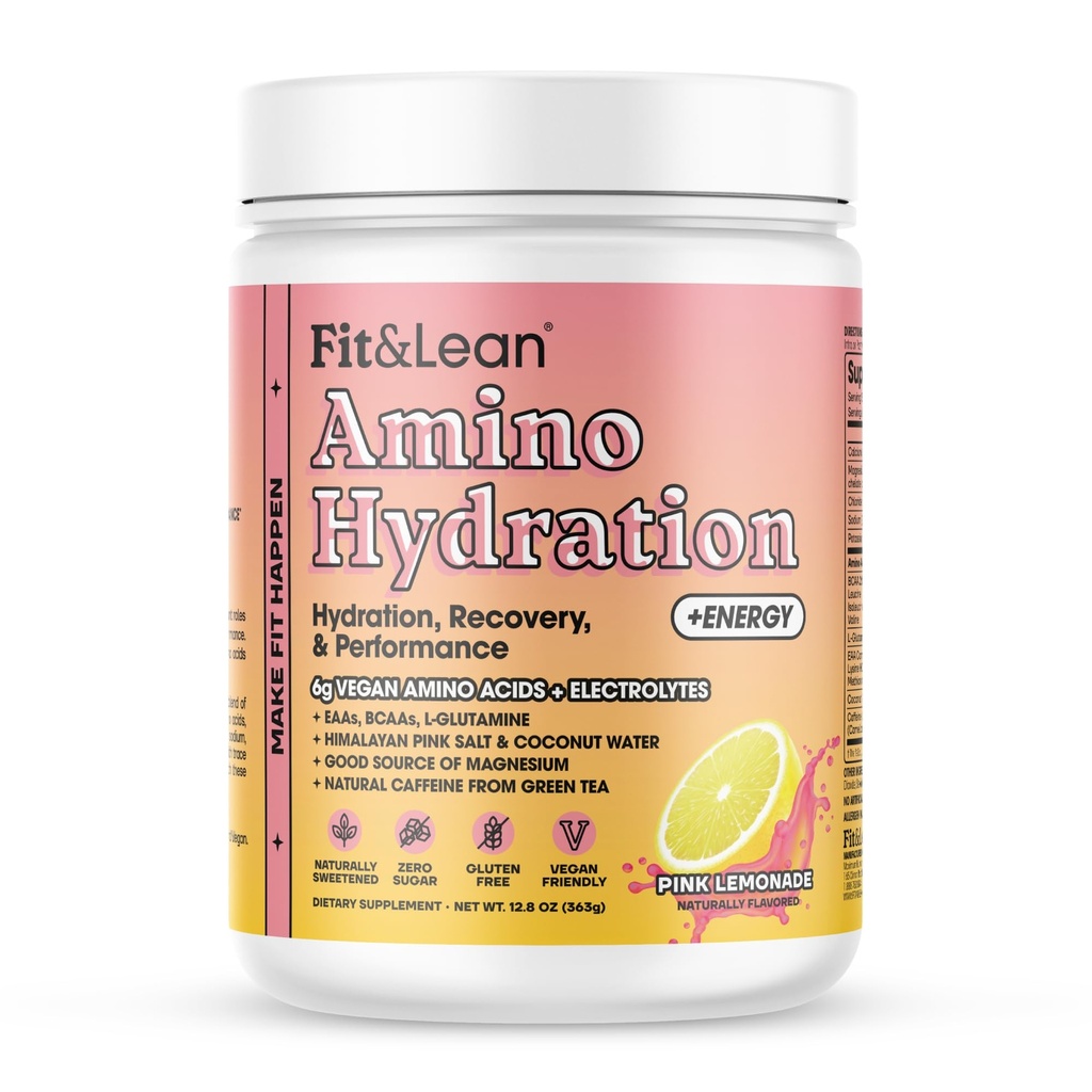 Fit & Lean Amino Hydratation Plus Énergie, Poudre de pré-entraînement, 6g Vegan Essemtial Amino Acides, EAA, BCAA, Glutamine, Electrolytes & Caféine Naturelle, Cimonade Rose, 30 Servir