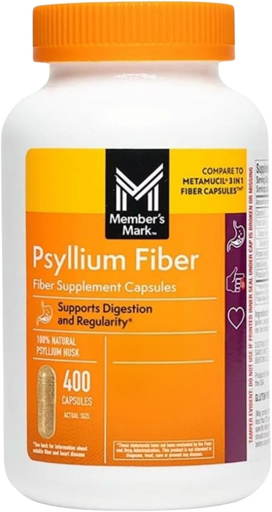 Member's Mark 100% Natural Psyllium Husk Fiber Capsules, Digestive Health, 400 Count (Pack of 1)