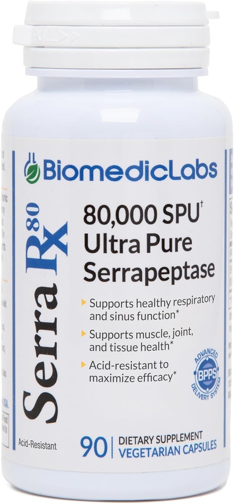 Serra-RX 80 000 SPU Serrapeptase - Enzyme protéolytique systémique résistant à l'acide, non-OGM, sans gluten, végétalien, soutient la santé des sinus et des poumons, 90 gélules