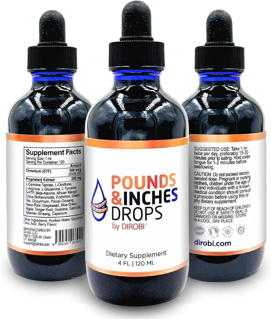 Dirobi Pounds and Inches Weight Management Drops, Supplément liquide pour les femmes et les hommes, Diet-Pill Alternative avec de délicieux arômes de bleuets