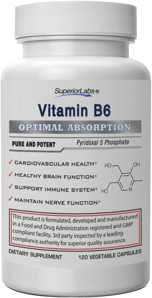 Superior Labs Vitamine B6 50mg, Supplément pur non-OGM, Absorption élevée, soutient le système immunitaire et nerveux, la fonction cérébrale, le métabolisme et la santé cardiaque, essentiel pour la production d'hémoglobine, 120 capsules de vég.