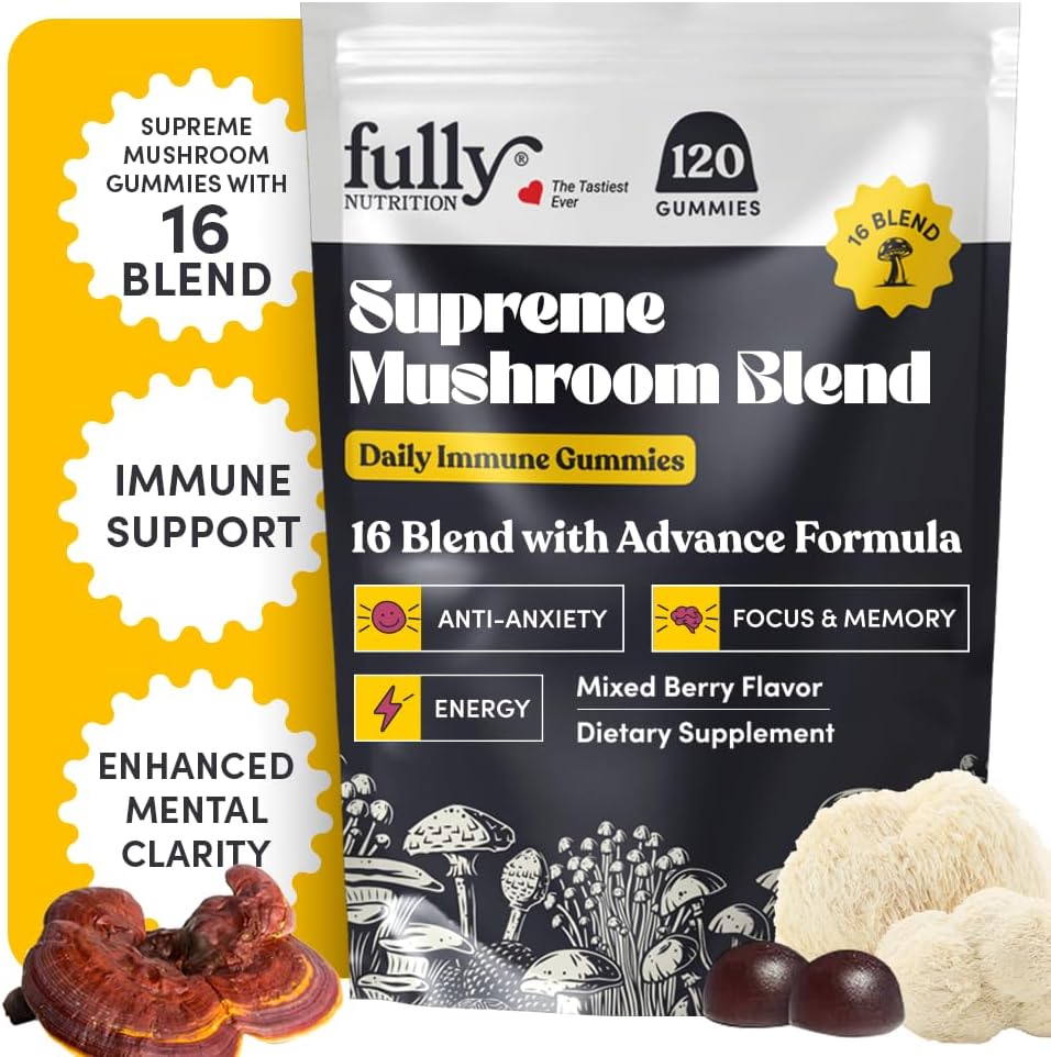 16 Blend Mushroom Gummies - Mushroom Gummies for Adults, Mushroom Supplement with Chaga, Lions Mane, Reishi, Cordyceps for Focus & Clarity, Supports Microdosing Mushrooms - Mixed Berry