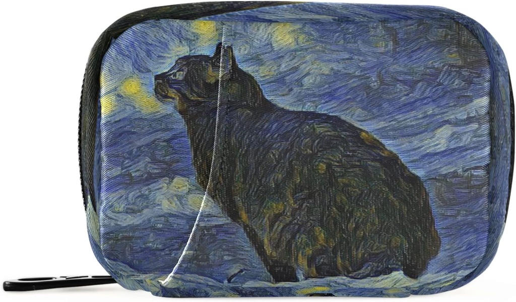 Naanle Van Gogh Galaxy Cat Pill Box 7 Day Pill Case Travel Pill Organizer Bag avec zipper Portable Weekly Case Taille compacte pour le support de supplément de vitamine
