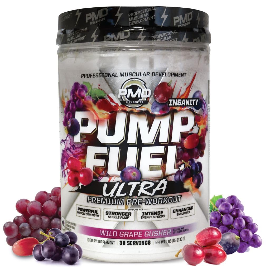 Pompe de sport PMD Combustible Ultra Insanité - Pre Workout Premium Powder & Muscle Pump, Plus Focus, Endurance & Recovery, Creatine Premium, Arginine & Beta Alanine - Wild Grape Gusher (30 portions)