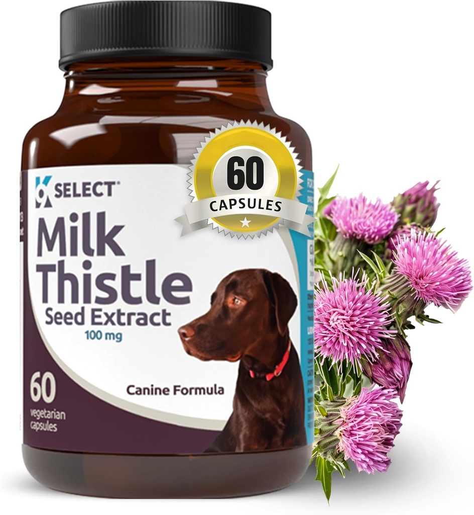 K9 Select Thistle de lait pour chiens, 100mg - 60 Capsules de légumes - Supplément de chardon de lait santé de foie de canine - Lait à base de plantes