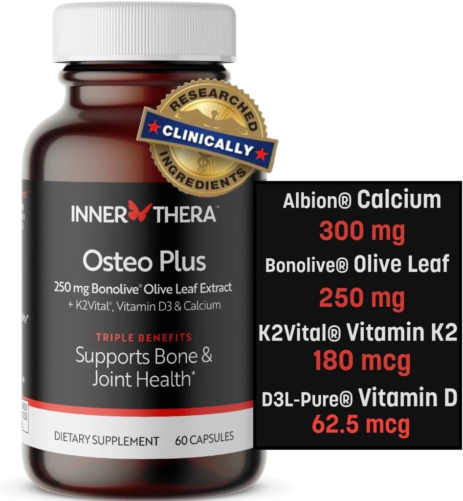 Supplément complet 4-en-1 Osteo Plus - Calcium avec vitamine D3, K2 et Bonolive - Soutient le vieillissement en santé - Sans gluten, sans OGM, végétalien (60 Nombre)