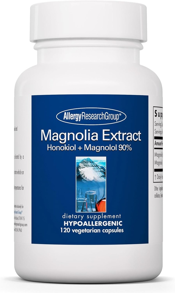 Groupe de recherche sur l'allergie Supplément alimentaire extrait de Magnolia - Stress Sleep Support, Cortisol Balance, Honokiol, Magnolia, Hypoallergénique, Capsules végétariennes, Sans gluten - 120 Compte