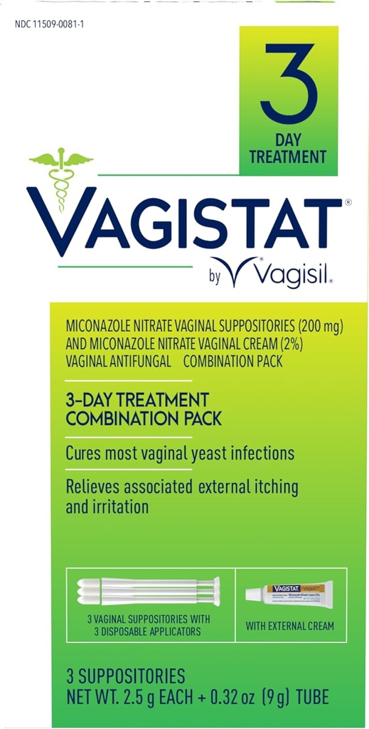 Vagisil Vagistat Traitement de l'infection à levure de 3 jours pour les femmes, soulage les démangeaisons externes et l'irritation - 2% Crème de nitrate de miconazole externe, 3 suppositoires et applicateurs jetables (paquet de 1)
